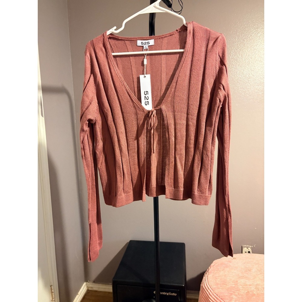 525 Women's Dusty Rose Ribbed Knit Tie-Front‎ Cardigan Sz M - NWT